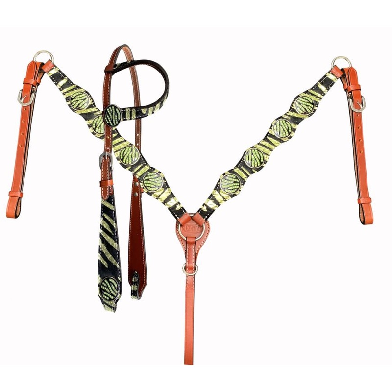 Showman Neon Zebra Print One Ear Headstall and Breast Collar set