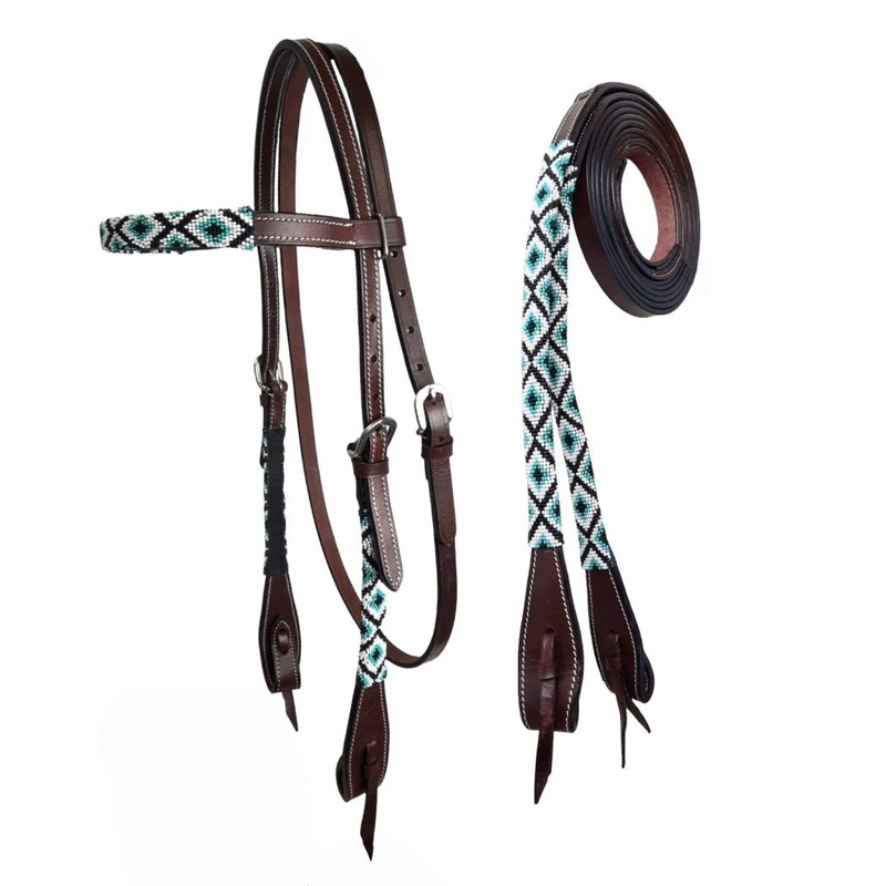 Tahoe Tack Leather Horse Western Headstall – Turquoise Navajo Beaded Browband with Split Reins, 1-Year Warranty