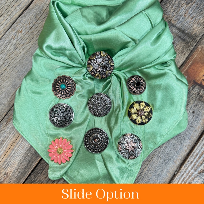 35X35″ Solid Lime Wild Rag / Scarf WRS26 – Western Concho Wild Rag Slides – Assorted