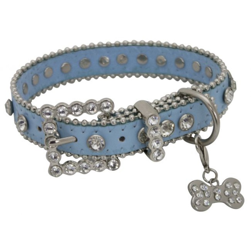 #D001-BL: Showman CoutureBlue leather dog collar with crystal rhinestones