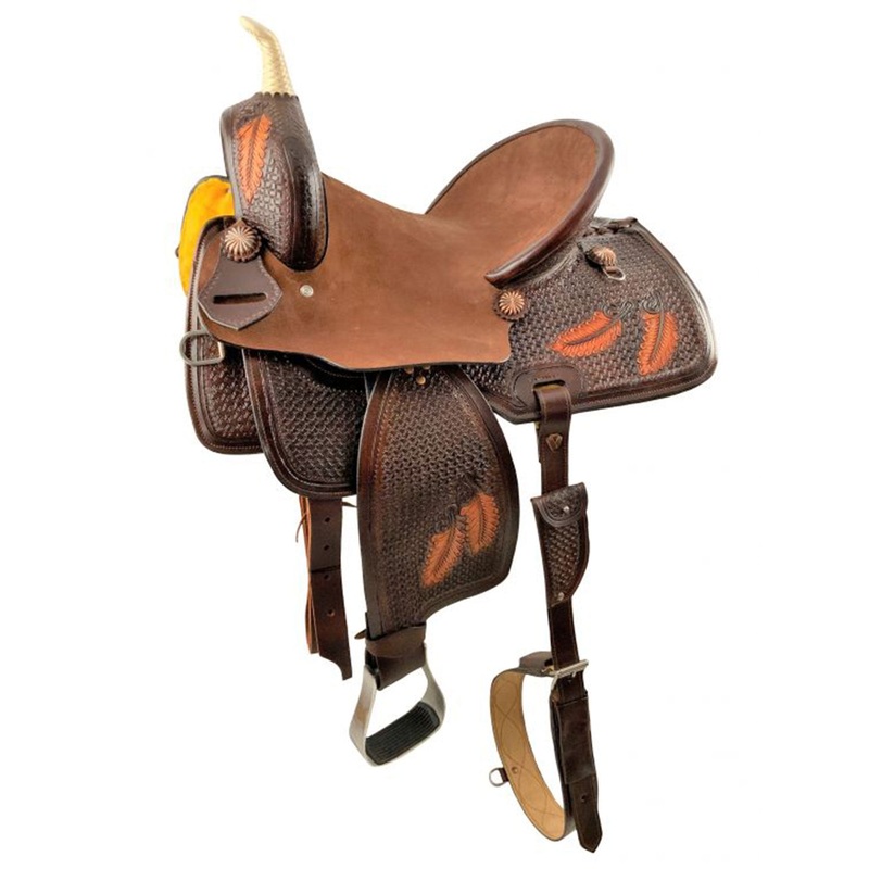 Hard Seat Barrel Style Saddle with Feather Tooling – 15 Inch