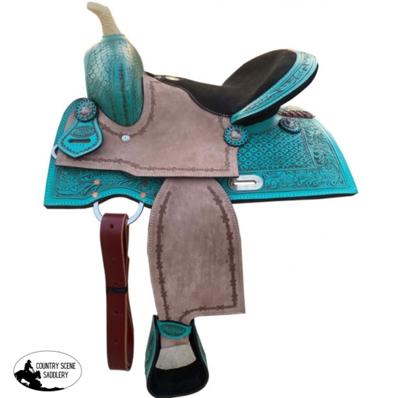 13″ Double T Teal Pony/Youth saddle with rough out accents.