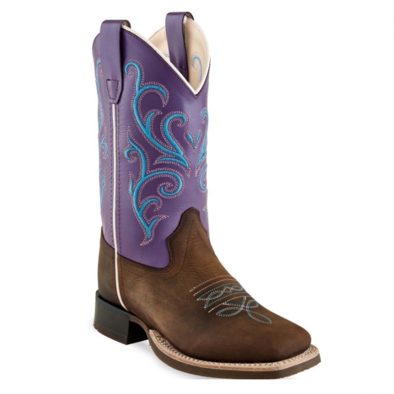 BSY1907 Old West Girl’s Square Toe Leather Western Boot Brown with Purple Top