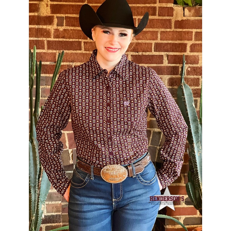Ladies Cinch Button Down ~ Purple/Gold~ X-Small