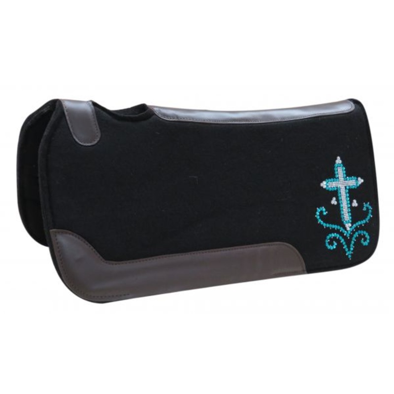 #6298: Showman  31″ X 31″ X 1″ Black felt saddle pad with crystal rhinestone cross design