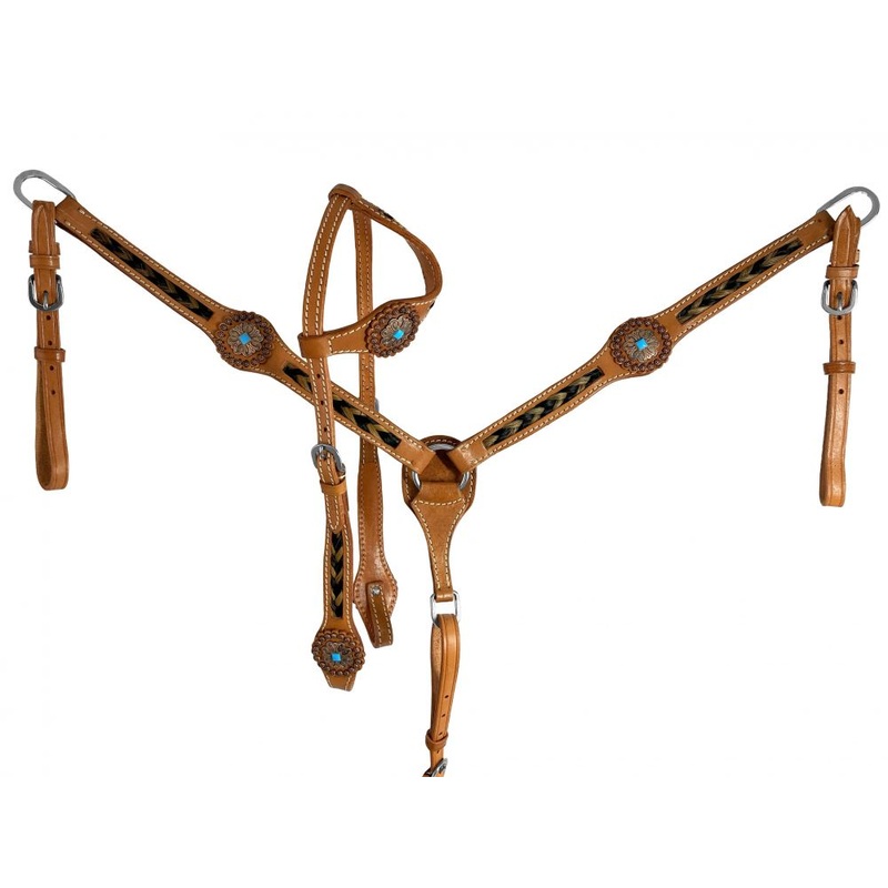 Showman One Ear Braided Horse Hair Headstall and Breast collar Set with Copper Conchos