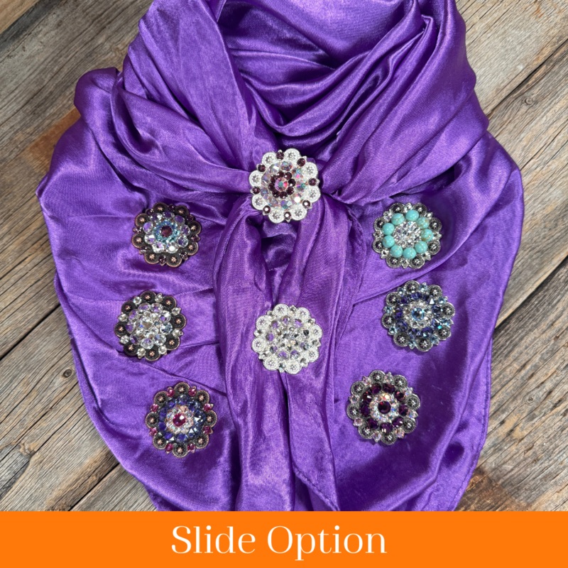 35X35″ Solid Purple Wild Rag / Scarf WRS1 – Crystal Concho Wild Rag Slides – Assorted