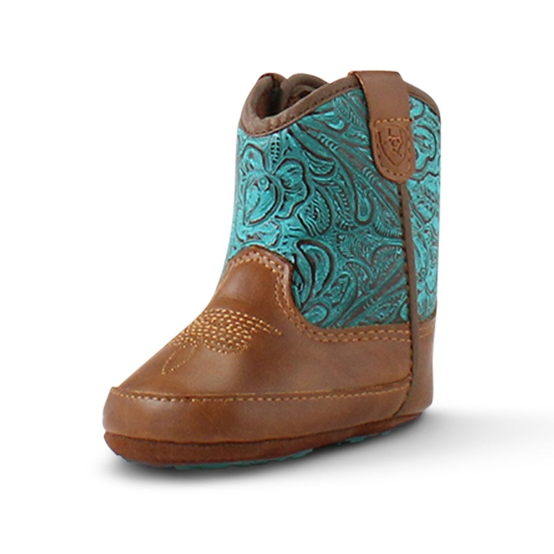 A442003102 Ariat Round Up Lil’ Stompers Infant Boots- Brown w/ Tooled Turquoise Top