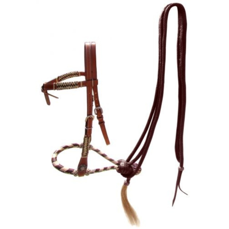 Showman leather futurity knot headstall with brown rawhide braided bosal and brown nylon mecate reins.