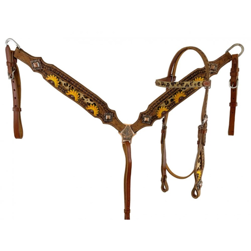 Showman Medium Leather Browband headstall and breastcollar set with cheetah inlays