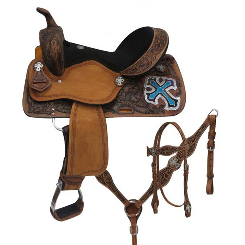 14, 15, 16 Double T Barrel Style Saddle Set with Metallic Cross