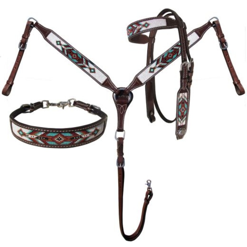 Showman Argentina Cow Leather 3 Piece Headstall and breast collar set with brown and teal navajo beaded inlay