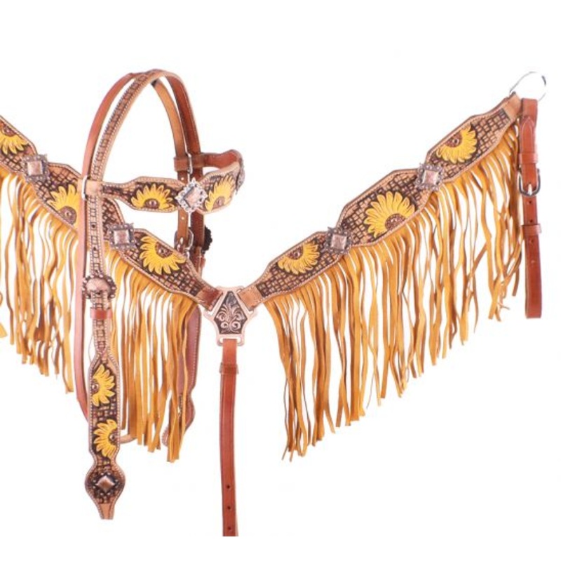 Showman Hand Painted Sunflower Browband Headstall and Breastcollar Set with Fringe