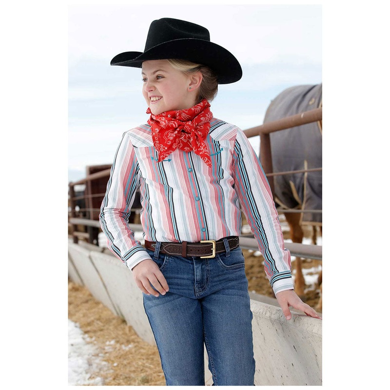 CTW3370010 Cruel Girl Girls’ Stripe Turquoise Smiley Embroidery Long Sleeve Snap Shirt