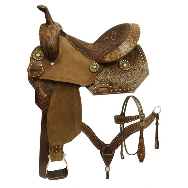 Economy Barrel Style Saddle Set with Feather Tooling – 14, 15 Inch