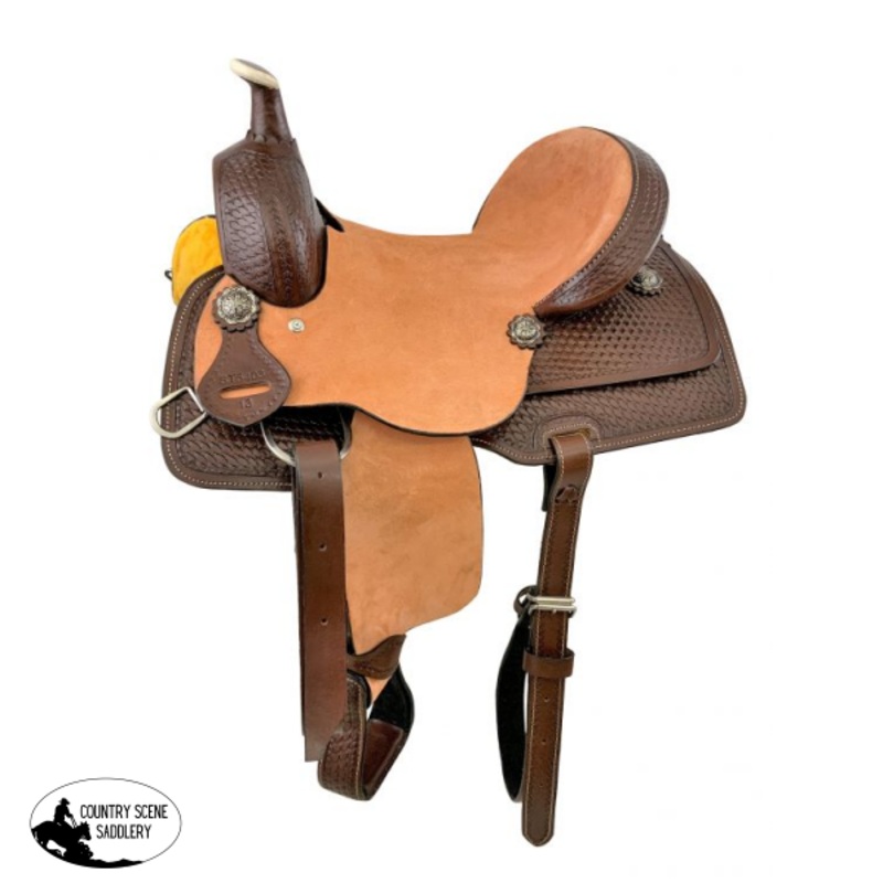 13″ Barrel Style Hard Seat Youth Saddle with basket tooling.. (Semi-QH Bars)