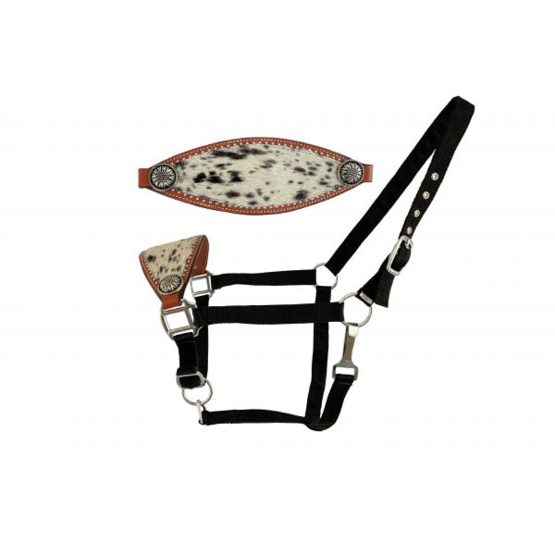 Showman Nylon bronc halter with hair on cowhide with flower concho accents