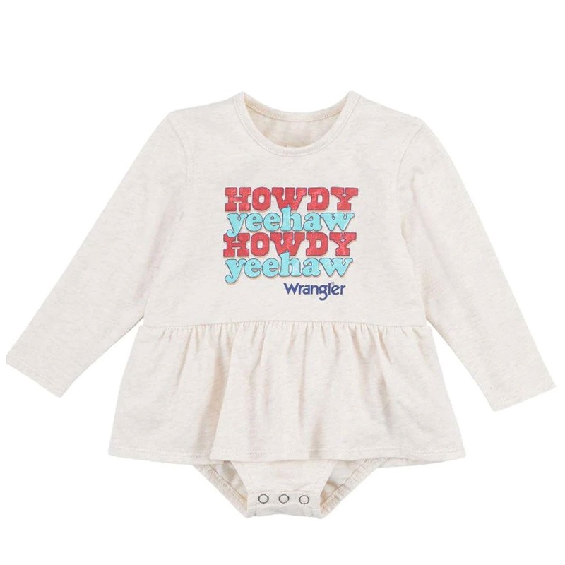 2317725 Wrangler Baby Girls Howdy Yeehaw Western Bodysuit with Ruffle- Oatmeal Heather