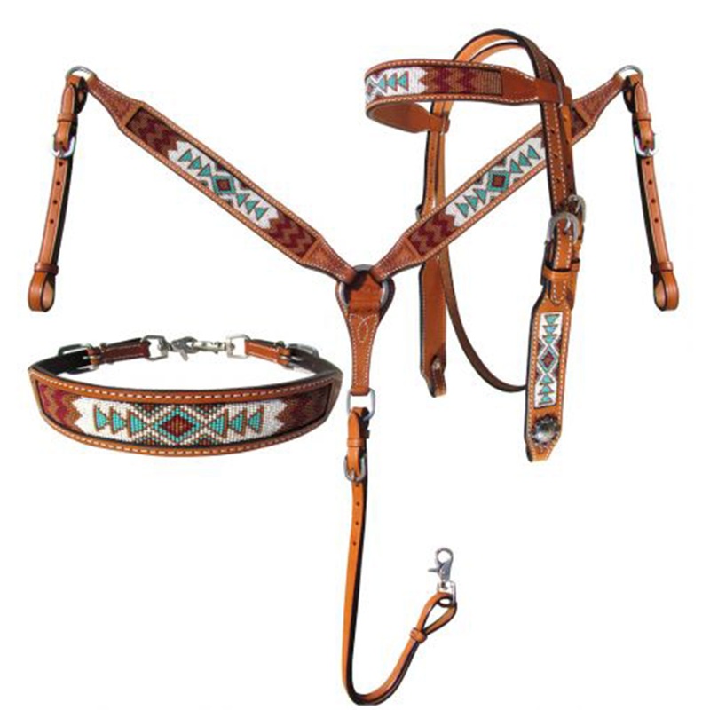 Showman Argentina Cow Leather 3-Piece Headstall and Breastcollar Set – Teal and White