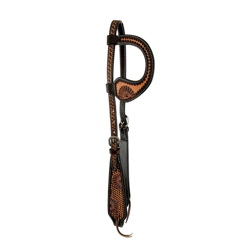 Showman Two Tone one ear headstall with half floral tooled design, Argentina Cow leather