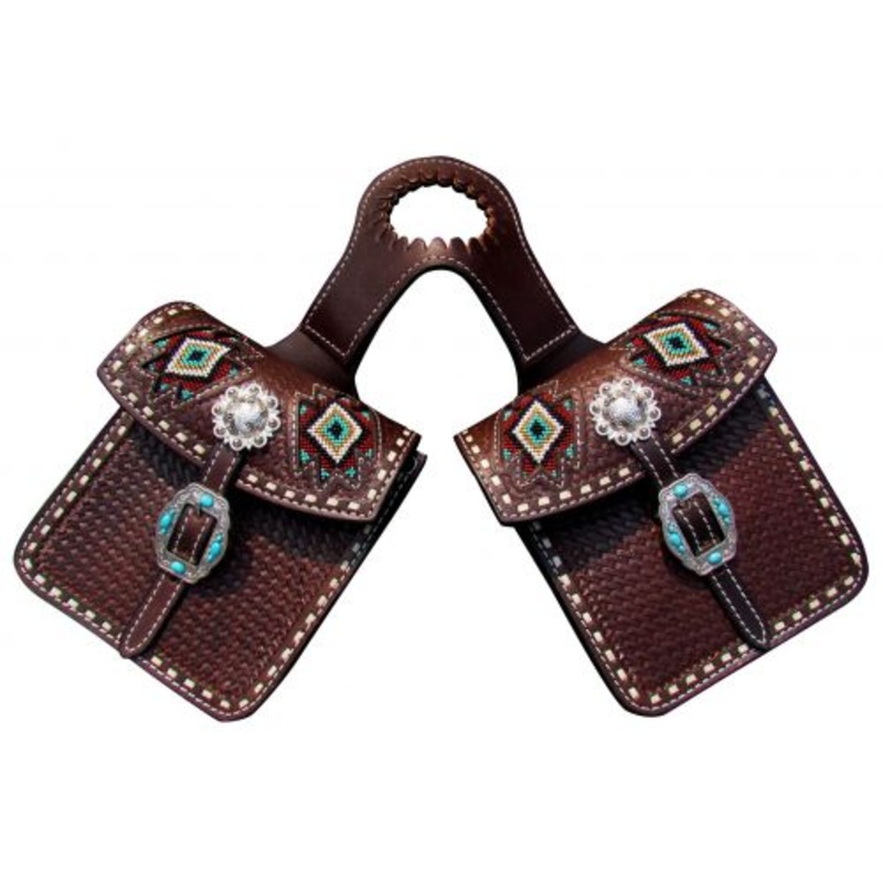 #176825: Showman Basketweave tooled leather horn bag with beaded inlay