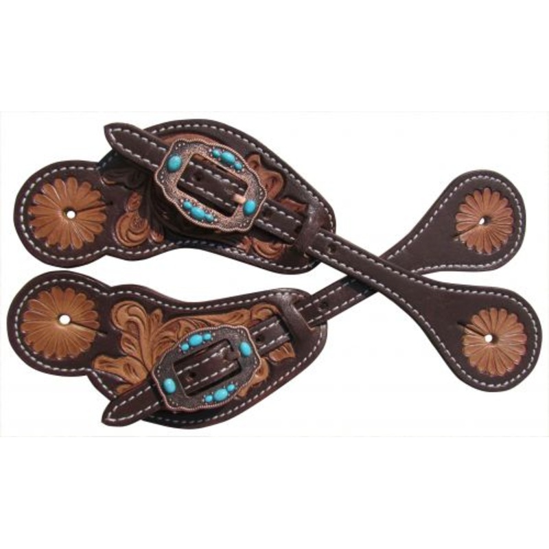#30881: Showman Ladies Tooled leather spur straps with vintage copper conchos