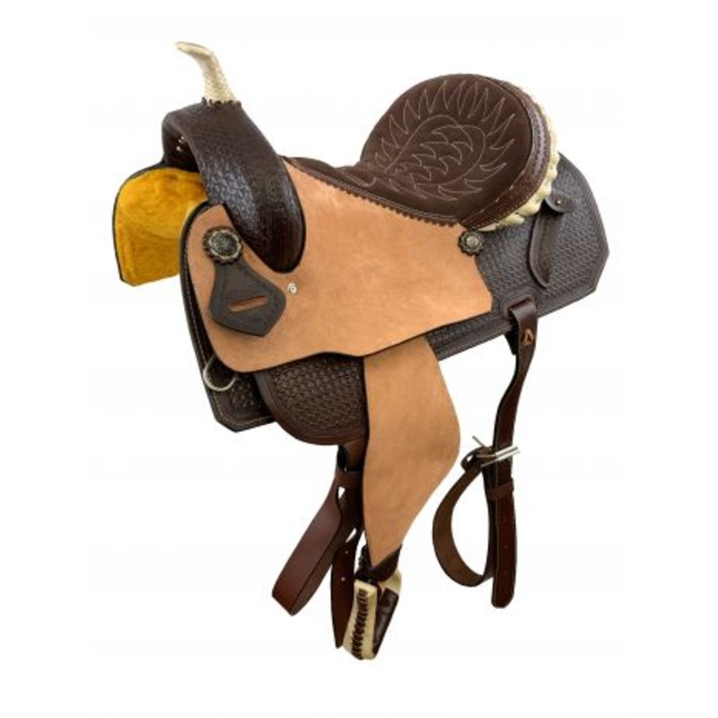 #ST1108: 16″ Barrel Style saddle with roughout fenders & jockies, and padded brown suede seat