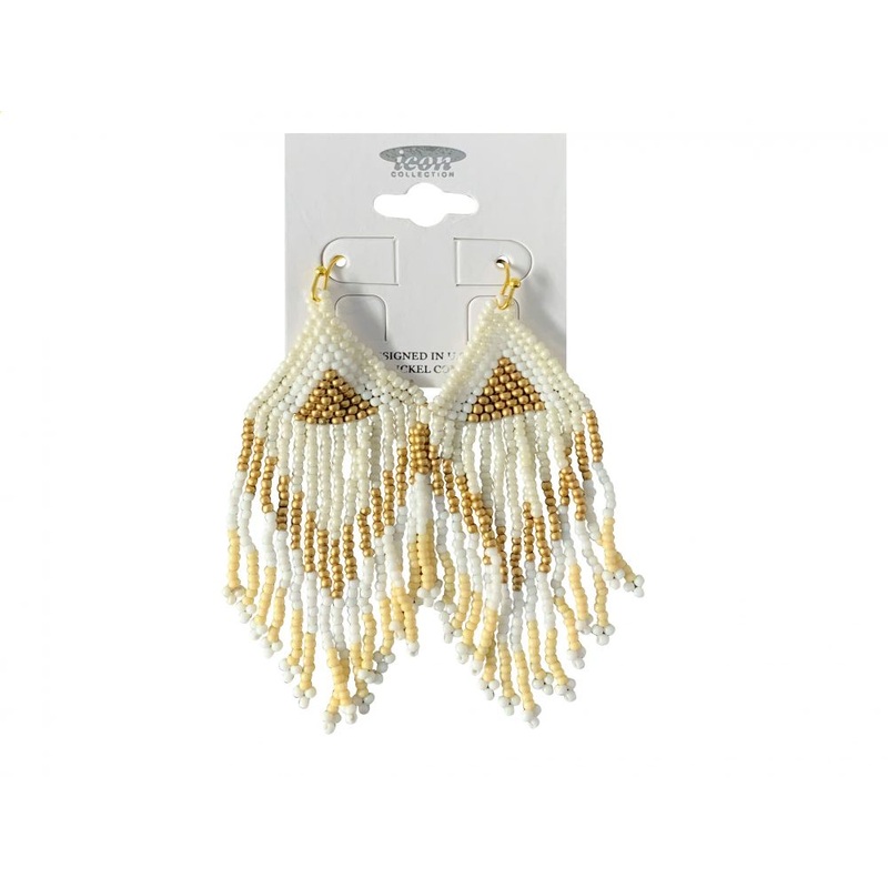 A set of large teardrop shaped beaded earrings – white and gold