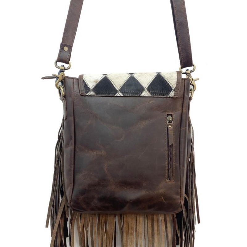 Klassy Cowgirl Leather Conceal Carry Crossbody Bag with diamond pattern hair on cowhide and fringe