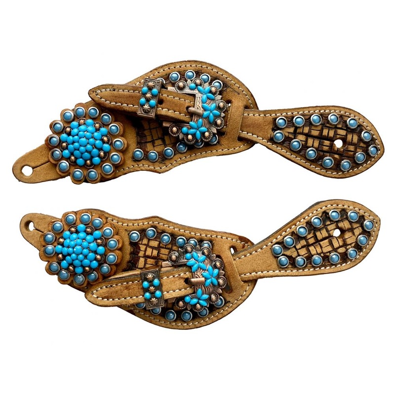 Showman Youth basket weave tooled spur straps with turquoise beading and turquoise concho