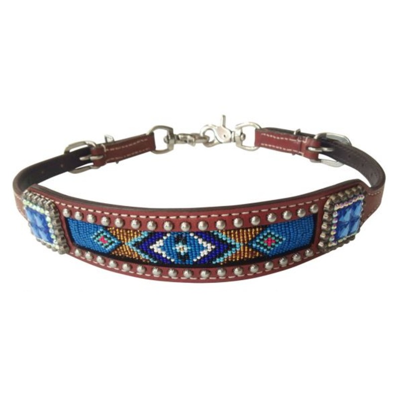 #177024: Showman  Medium leather wither strap beaded Navaho design inlay with Concho accent