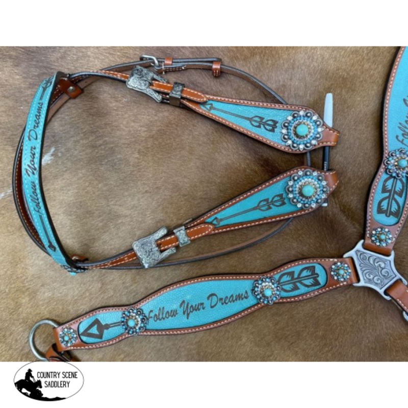 Showman Browband headstall and breast collar set. Features Turquoise inlay with ‘follow your dreams’ wording and Turquoise concho accents.