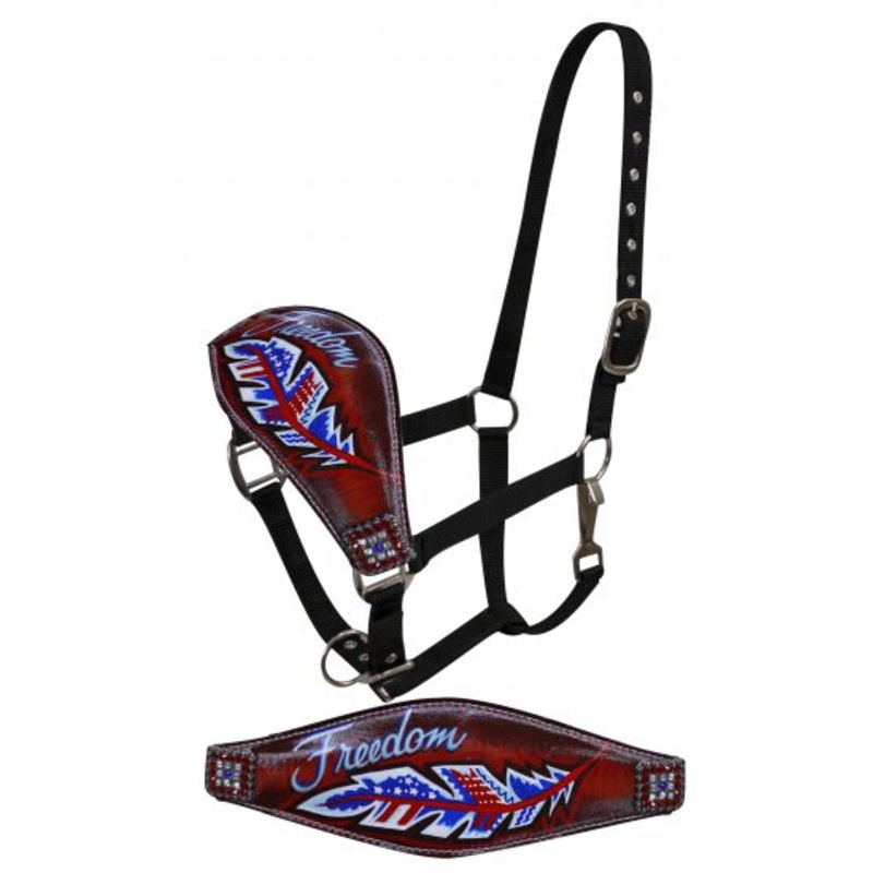 Showman FULL SIZE Leather bronc halter with painted  Freedom design