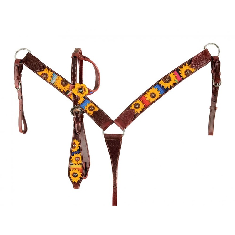 Showman One Ear Medium Oil Headstall and Breast Collar Set with Painted Sunflowers and Serape Inlay