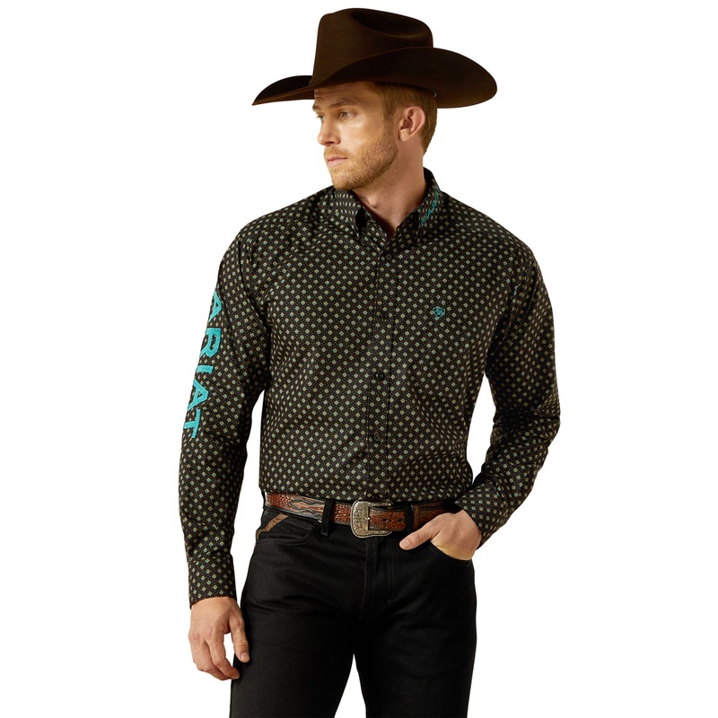 10062253 Ariat Men’s Team Philbert Classic Fit Long Sleeve Button Down Shirt – Black Print/Teal