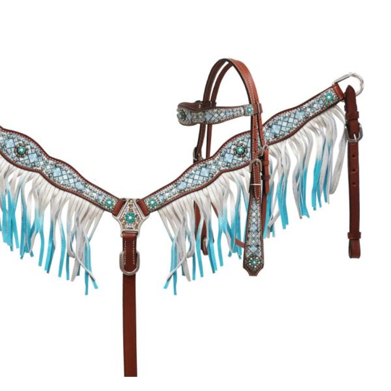 #13751: Showman  Blue diamond headstall and breast collar set