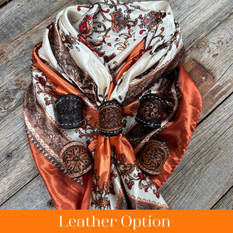 35X35″ Burnt Orange & Tan Paisley Wild Rag / Scarf WR2179 – Tooled Leather Wild Rag Slides – Assorted