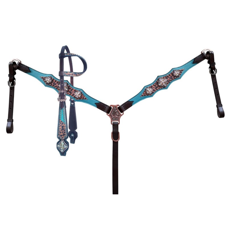Cheetah Print Overlay With Teal Leather Accent Headstall And Breast Collar Set-FREE SHIPPING