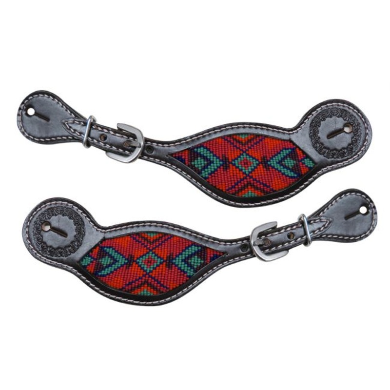 #30839: Showman  Dark chocolate Argentina cow leather spur straps with beaded inlay