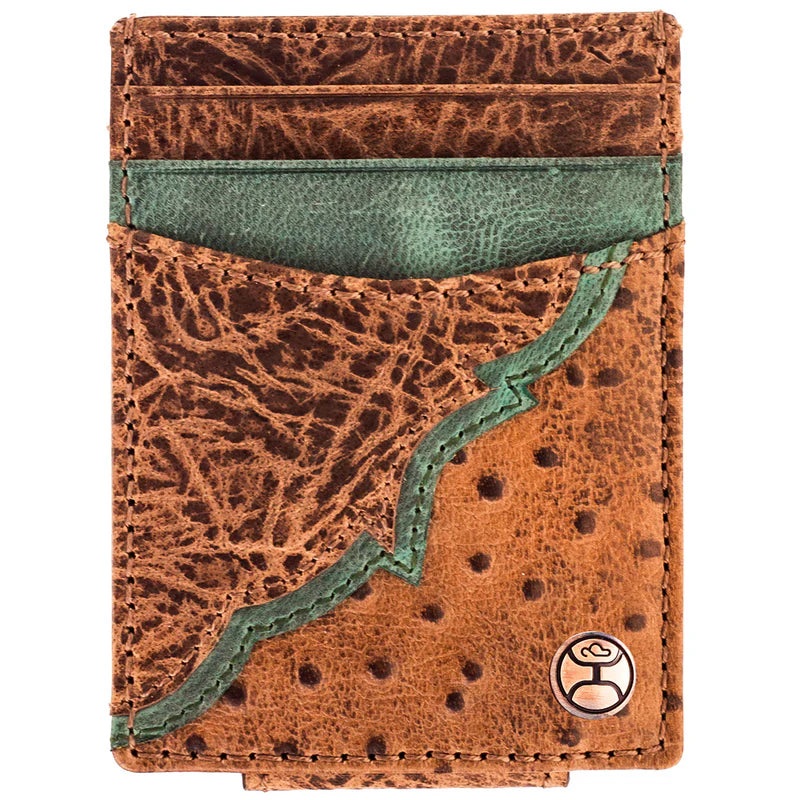 “Sawyer” Ostrich Print Brown/ Turquoise Money Clip