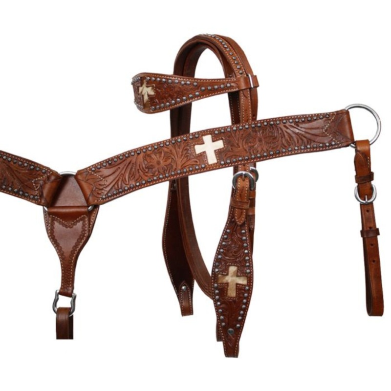 Showman Leather double stitched tooled browband headstall, reins and tooled breastcollar set with hair on cowhide inlay.