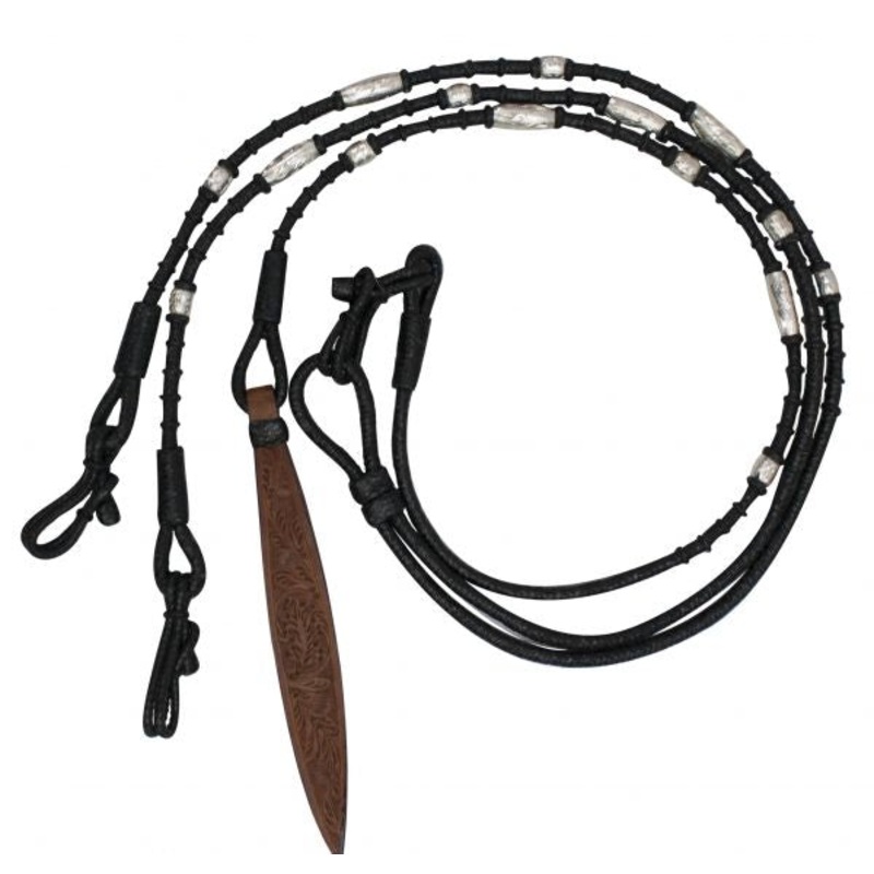 #175560: Showman Black Braided Natural Rawhide Romal Reins with Leather Popper