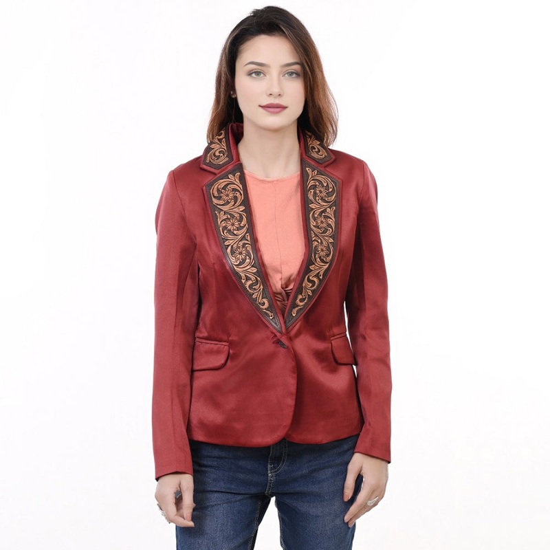 ADBZ028 Genuine leather Hand tooled hand carved Women Blazer dress jacket ladies Girl