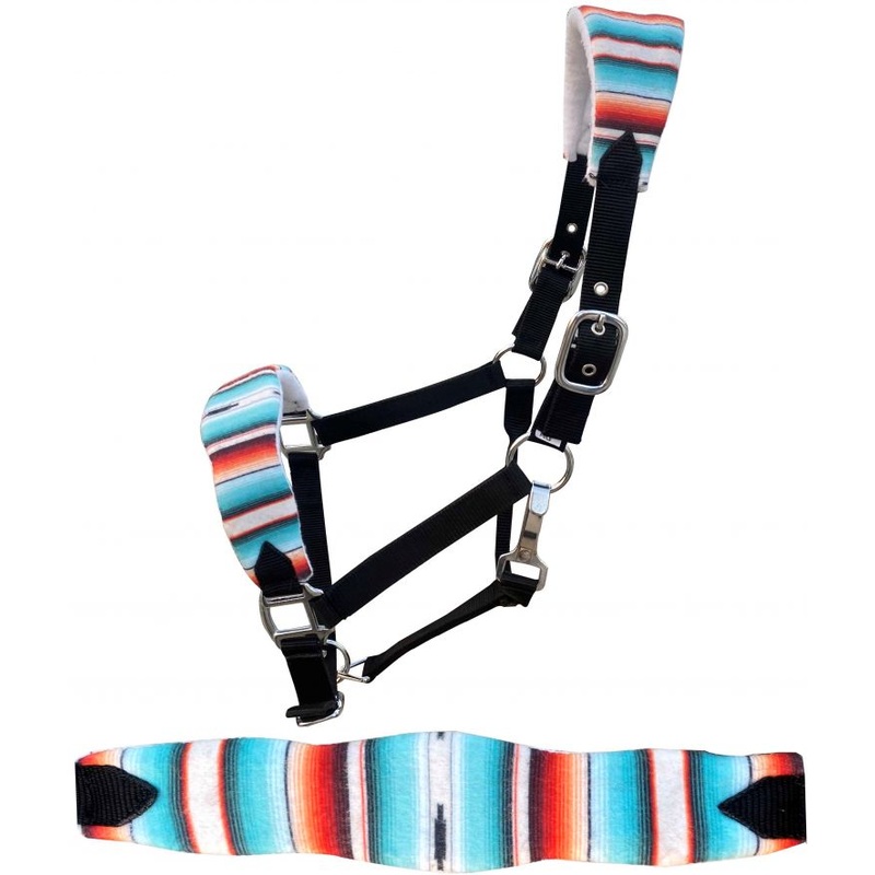 Showman Adjustable black nylon bronc halter with a padded southwest print noseband and crown