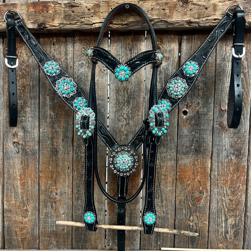 Black Floral Turquoise – Clear Browband / Breastcollar Tack Set  #BBBC601
