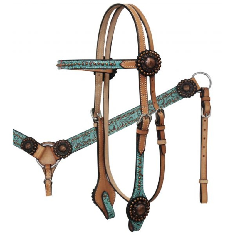 #6576SET: Showman Light Oil Filigree Headstall and Breast Collar Set with Copper Rosette Conchos