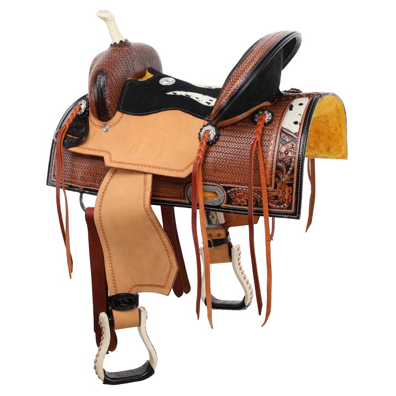 Barrel Saddle – 13″ – HAIR ON COWHIDE- FREE SHIPPING