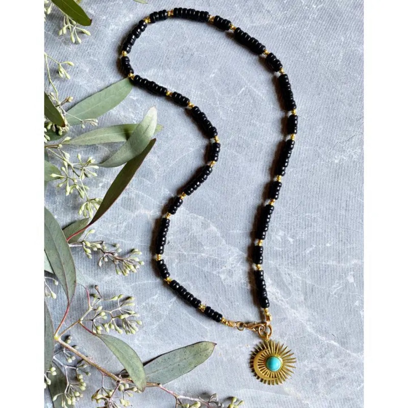 Crescent Moon Black Bead Necklace 24″