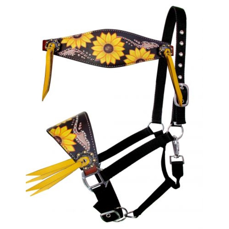 #16669: Showman  Adjustable nylon bronc halter with sunflower hand painted nose band