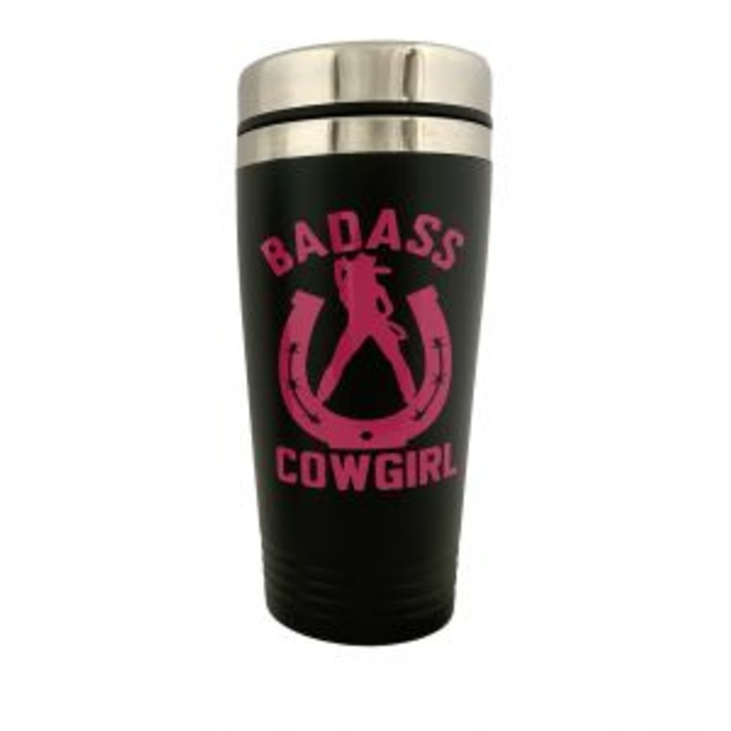 #922: 16 oz Black Coated Stainless Steel tumbler w/Pink Bad Ass Cowgirl